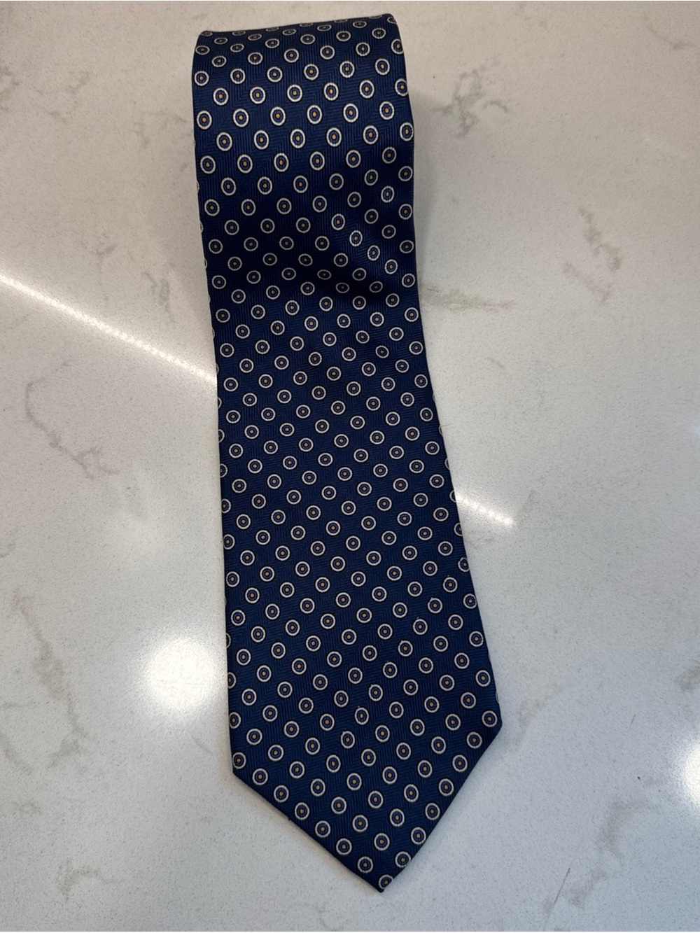 Ralph Lauren Polo University Classic Navy Blue silk Tie with White Dot Pattern